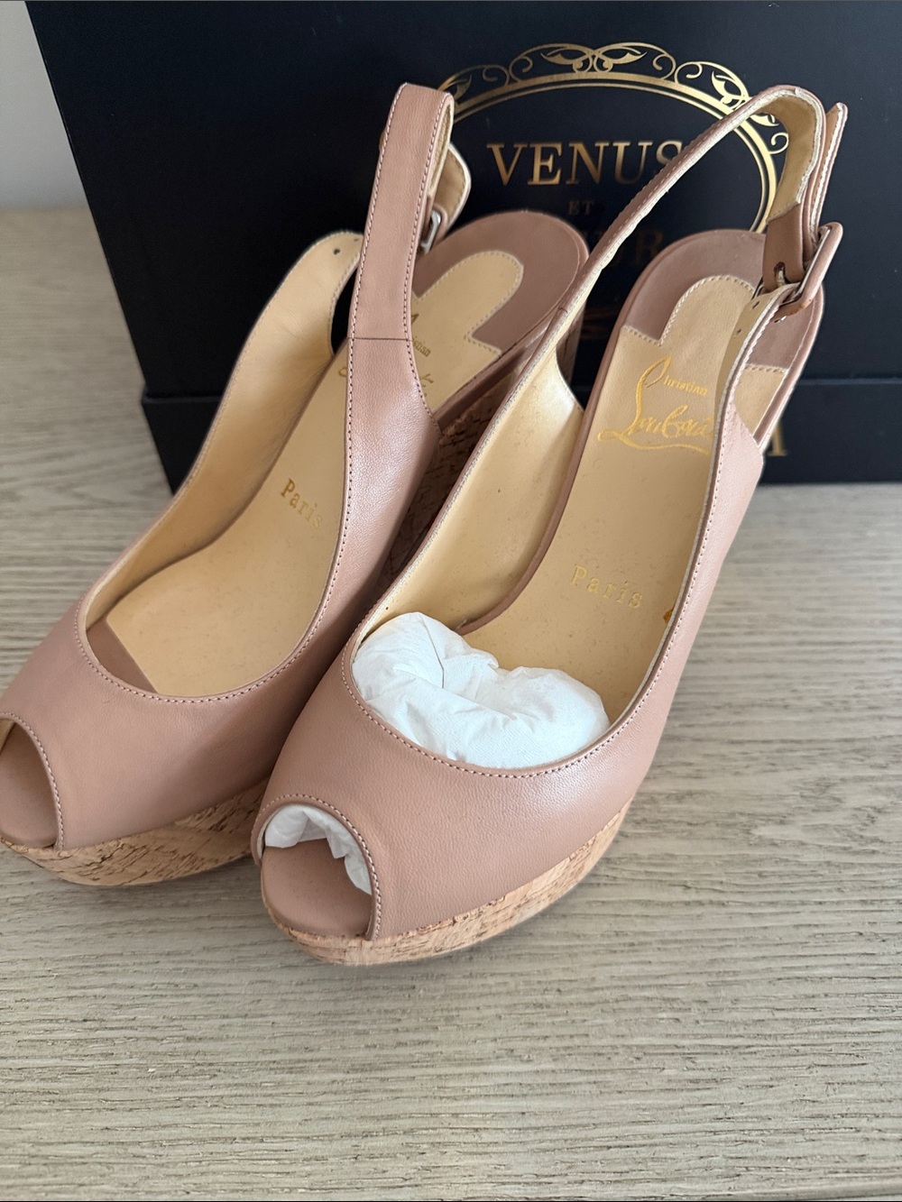 Christian Louboutin Blush Leather Peep-Toe Cork Wedge Slingback No box -Dust bag